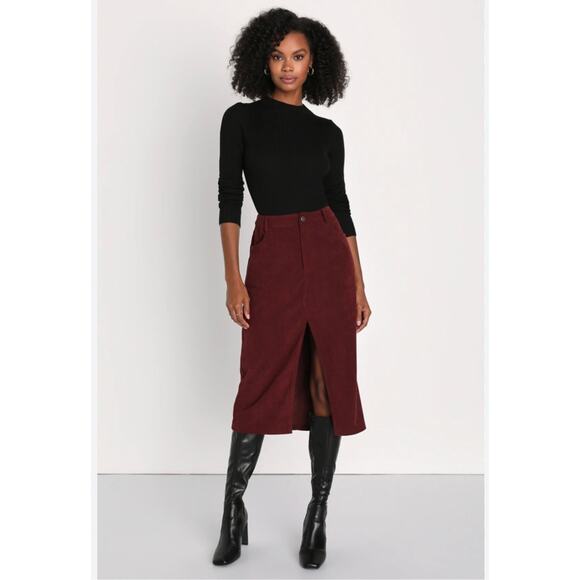 Lulu's Refreshing Romance Burgundy Corduroy Midi Skirt- Women's Size Small - Picture 5 of 7